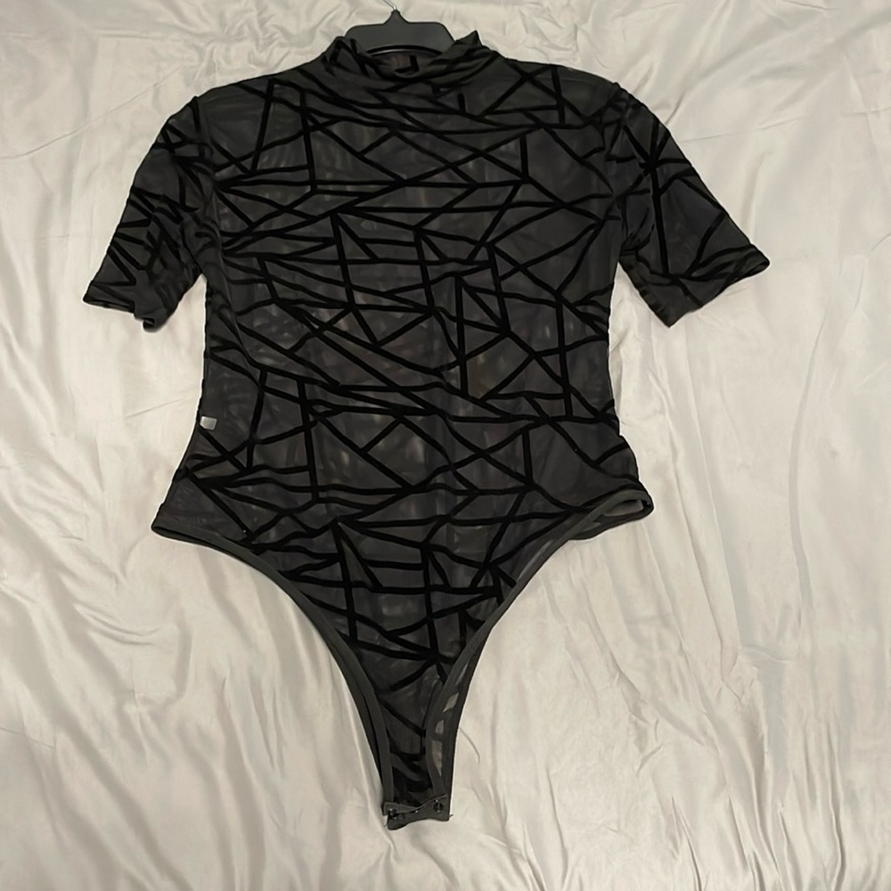 Bodysuit - black sheer top with asymmetrical stripes